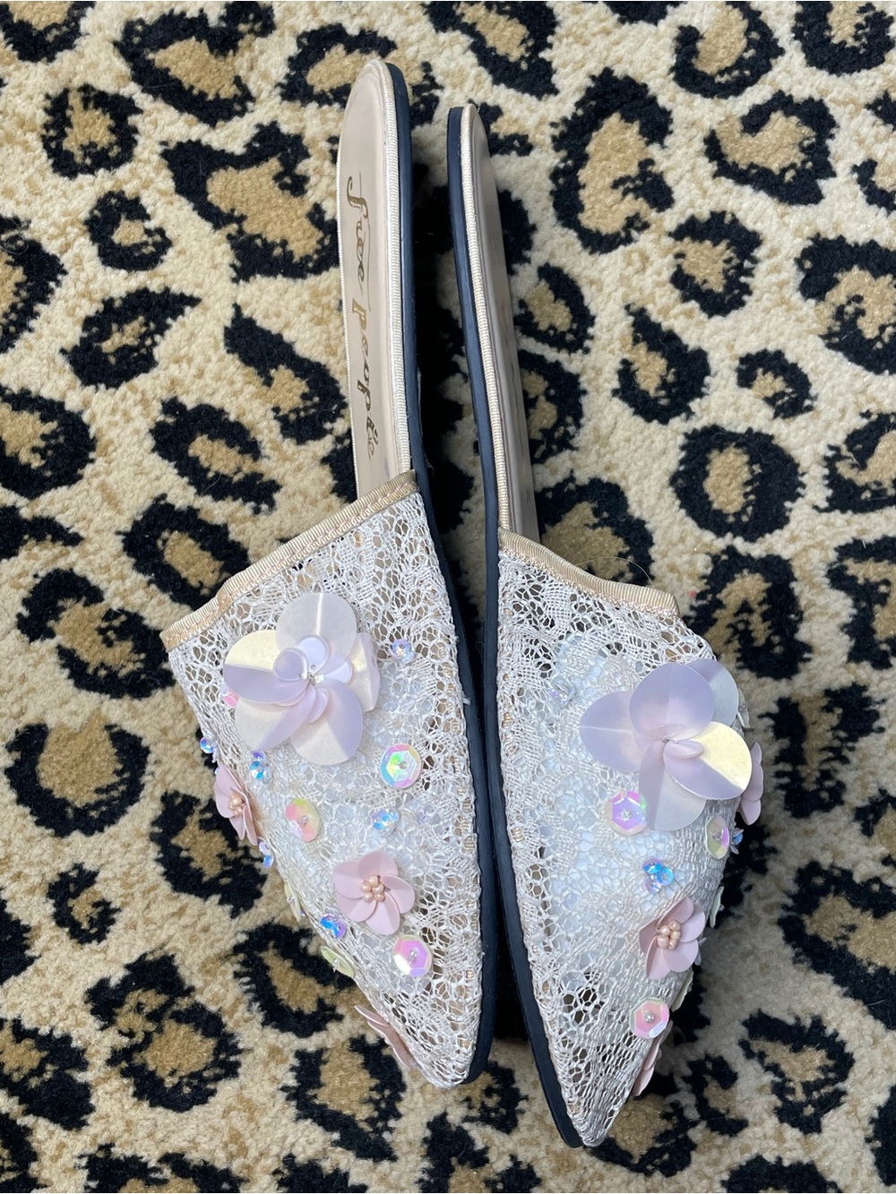 Free People Sequin Mesh Slip-On Mules with Pink Floral Appliqués - Picture 6 of 8